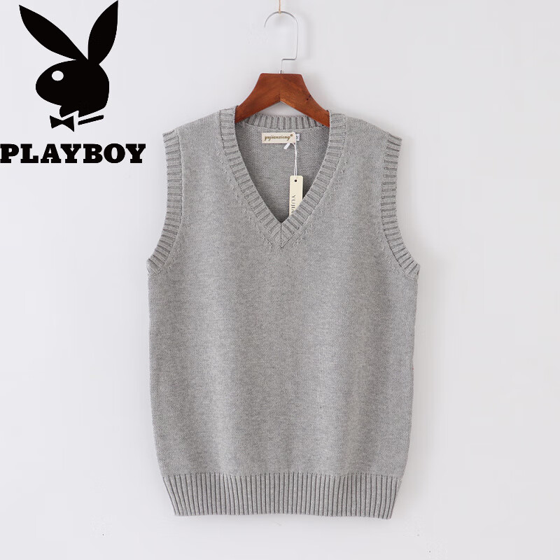 花花公子（PLAYBOY）纯棉毛背心马甲男装羊毛衫领套头无袖毛衣中年潮流纯色针织坎肩 加绒A8浅灰 加厚 2XL