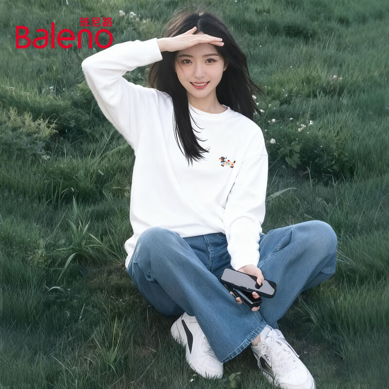 班尼路（Baleno）长袖t恤女装纯棉打底衫女秋冬季新款秋装卡通印花设计感上衣服3 白#干巴Z狗K L