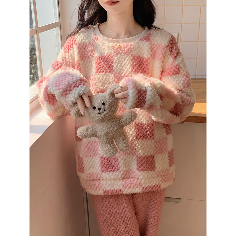 有只绵玫瑰绒睡衣女秋冬季加绒加厚格子睡衣园领可外穿法兰绒居家服 绿格子 套装 均码 80-150