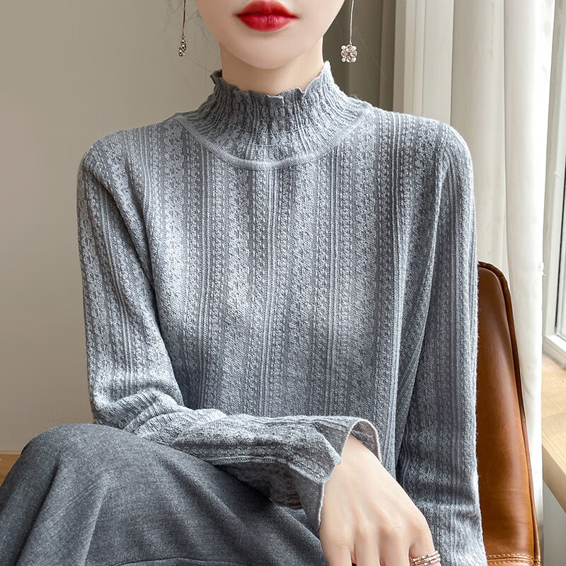香影芬针织衫女喇叭袖毛衣女时尚秋冬新款高级感洋气蕾丝内搭打底衫女 白色 L (建议105-115斤)