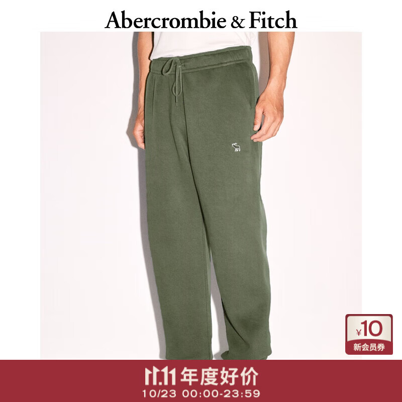 Abercrombie &amp; Fitch经典小麋鹿图案男装24春秋抓绒美式baggy风运动卫裤134-4099 绿色 XL (180/98A)