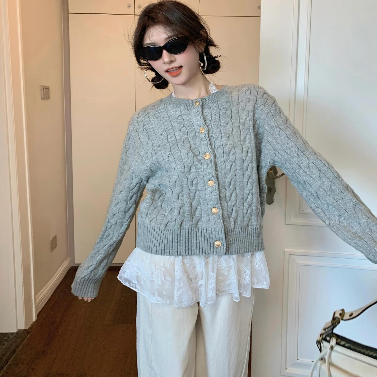 【49.9包邮】俞兆林 秋冬季宽松女士毛衣外套 灰色均码