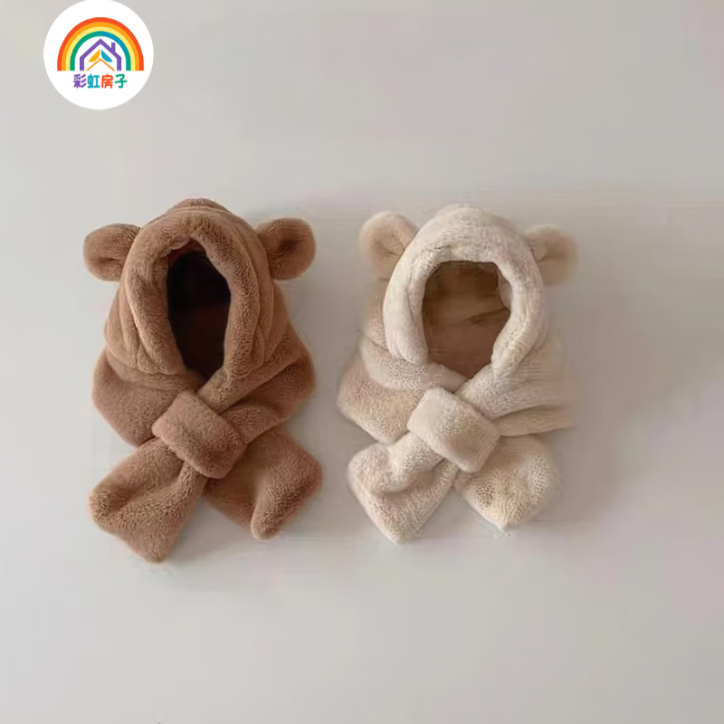 彩虹房子婴儿帽子秋冬毛绒狗狗飞行员护耳帽男女婴幼儿帽宝宝包头帽冬 小熊一体帽小小号【米色】推荐6-24个月-头围44-48cm