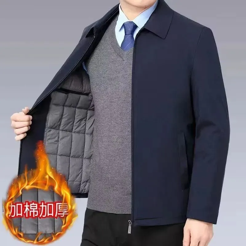 【秋冬爆款】爸爸装翻领男士保暖加绒夹克保暖夹棉夹克dk 拉链款【蓝色】加棉 4XL 建议(160-180斤)