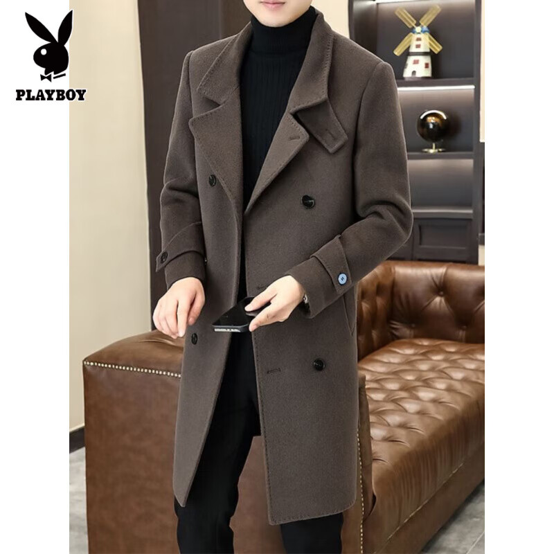 花花公子毛呢大衣男士秋冬季韩版修身中长款呢子风衣高级感时尚双排扣外套 咖色 L 115-130
