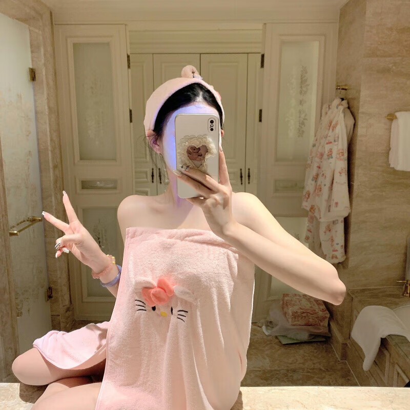 Kaooseen浴巾成人女士可穿2026新款hellokitty毛巾浴巾三件套珊瑚绒浴裙 【毛巾+浴巾+干发帽+浴裙】