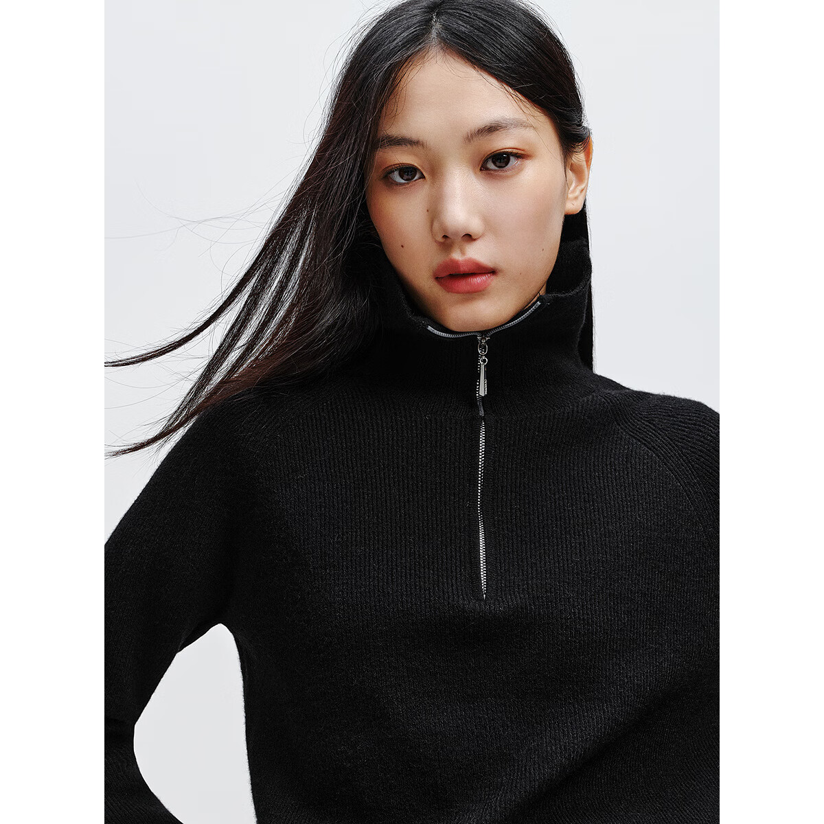 太平鸟秋冬毛针织衫集合链接新款打底无缝套衫女士开衫 黑色半门襟翻领线套衫 M