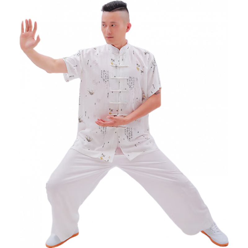 紅棉太極服夏季透氣男士棉麻武術(shù)練功服太極拳表演晨練運(yùn)動服 竹葉棉麻-短袖盤口 S