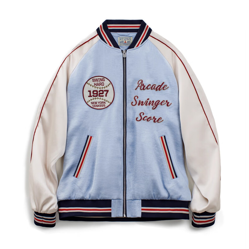 馬登（Maden）工裝美式覆古刺繡橫須賀棒球服夾克拼接痞帥緞面外套短款男秋 云水藍色 S