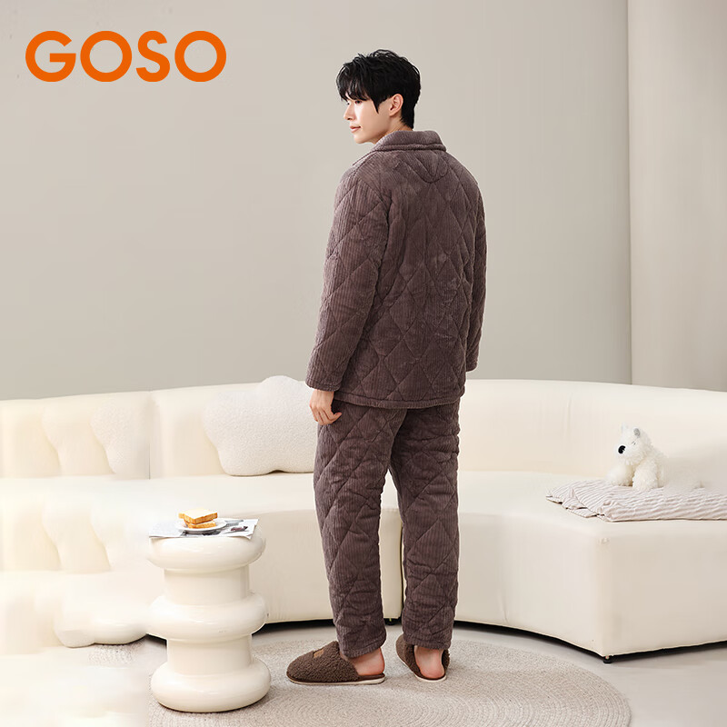 香蜜闺秀【三层夹棉加厚】男士睡衣秋冬新款长袖可外穿保暖男士家居服套装 24424002浅咖 XL