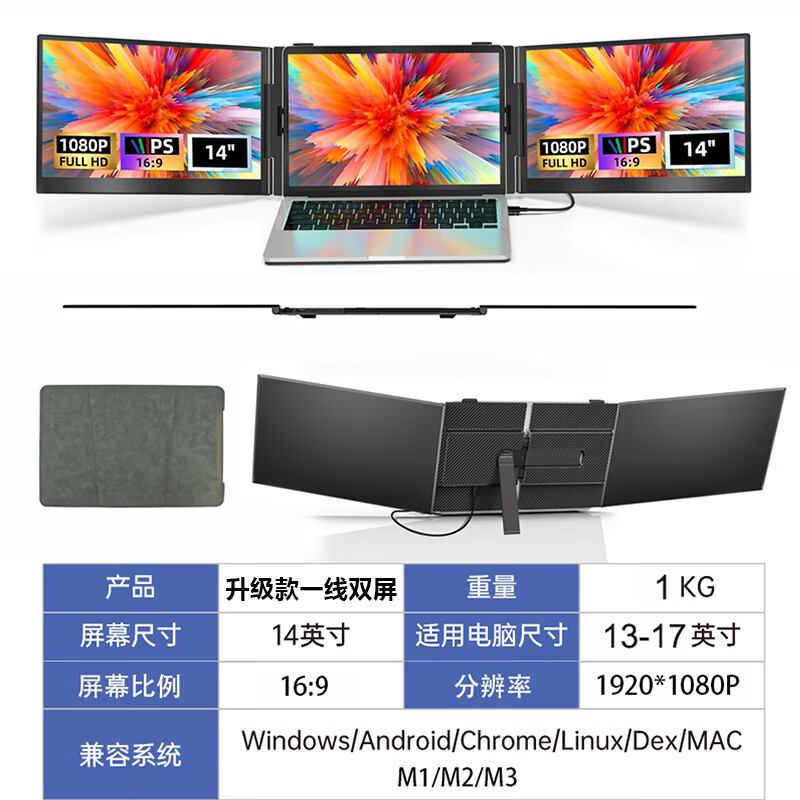 杰佳笔记本扩展屏外接显示器双屏便携显示器三屏炒股专用电脑多屏分屏显示器折叠屏拓展屏Mac副屏办公 全新款一线双屏/超轻超薄/兼容多系统/老电脑可用