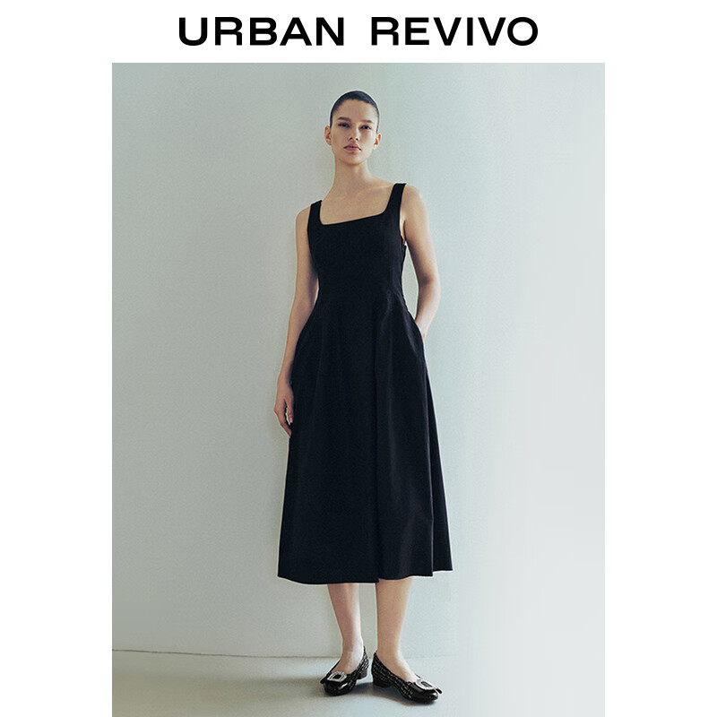 UR2025夏季新款女时尚休闲气质百搭方领吊带连衣裙UWM750054 正黑 M