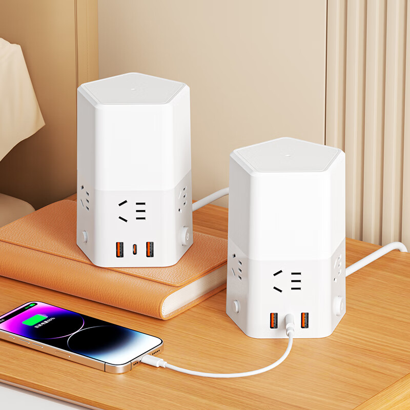 新款正品床头灯纯铜插座带小夜灯卧室喂奶灯多功能带USB接线板 五插位带3USB【带夜灯可三档调色】2.8米