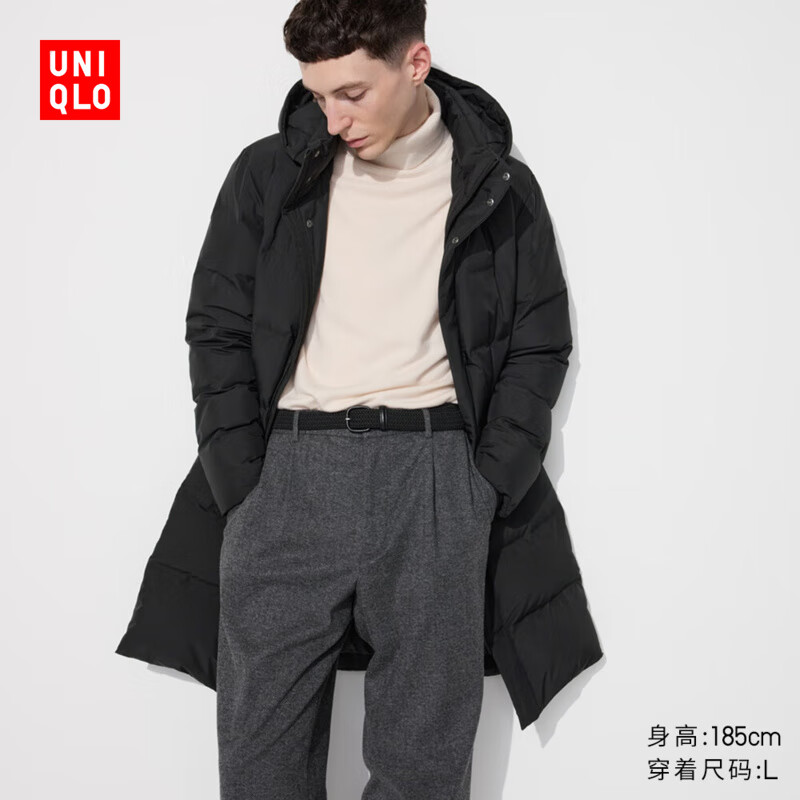 优衣库男装无缝羽绒大衣/外套夹克连帽羽绒服保暖470079 09 黑色 S /165/84A