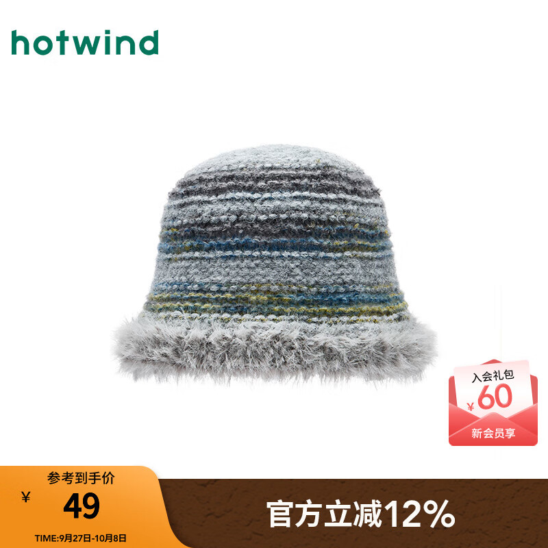 热风（Hotwind）女士毛绒帽子保暖盆帽2025年冬季新款彩色条纹拼接针织帽渔夫帽 09灰色 56-60CM