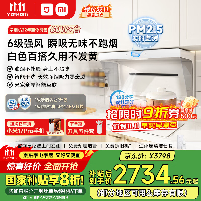 米家小米白色抽油烟机净烟机小白净S2国家补贴20%侧吸以旧换新上门安装家用燃气灶MJ05A【套装商品】