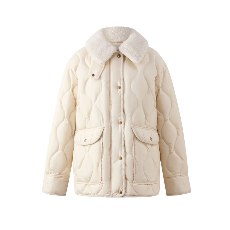 ELAND【三防面料&鹅绒】衣恋华夫饼羽绒服女时尚毛领外套2025冬季新款 象牙白/白色(39)Ivory S /160