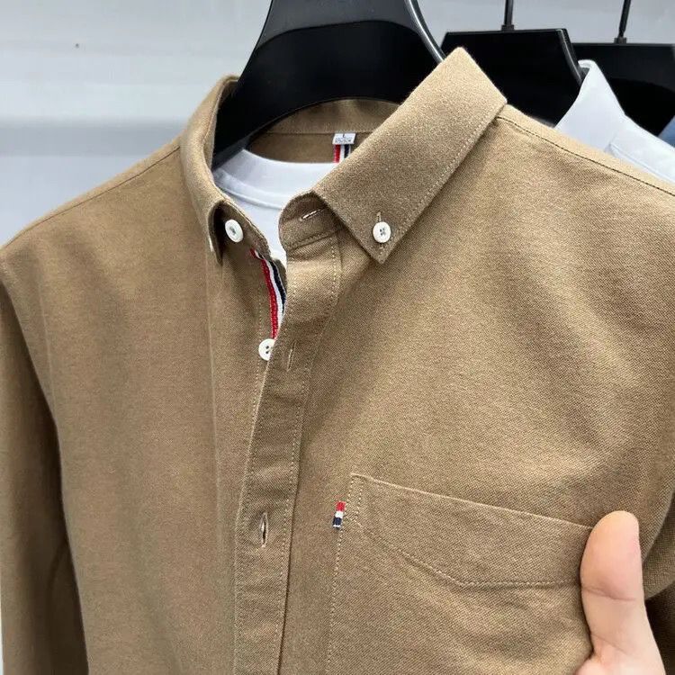 TOMMY JEANS汤米春秋衬衫男长袖T恤加厚休闲免烫男装牛津纺衬衣打底衬衫上衣 焦糖619 2XL