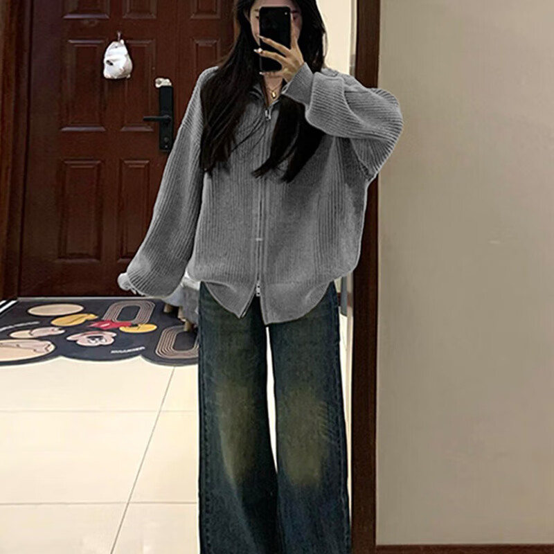 翊尚美针织衫外套女秋冬2025新款开衫可外穿拉链毛衣慵懒风宽松显瘦上衣 灰色 【实物颜色浅抗起球】 均码 【适合80-140斤】