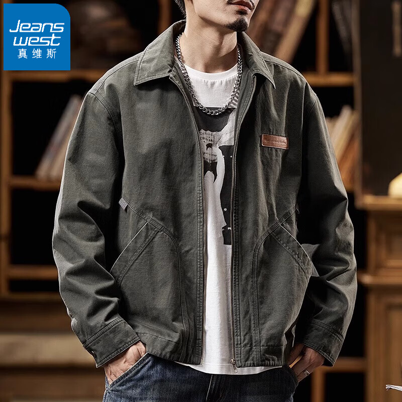 真维斯（Jeanswest）底特律工装外套男秋冬款2025新款美式复古潮牌纯棉休闲男夹克痞帅 深灰 L 适合 140斤-160斤
