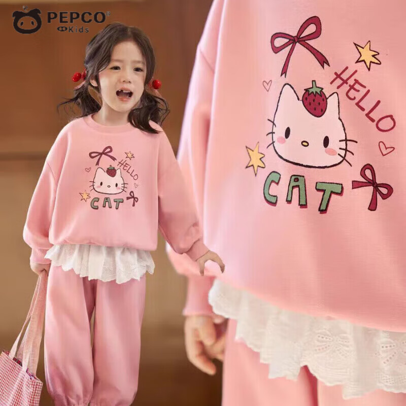 小猪班纳（PEPCO）女童卫衣套装可爱卡通印花秋季新款儿童洋气秋装宝宝屁帘裤两件套 MTH【猫咪】套装-粉色 120 (建议身高105-115cm)