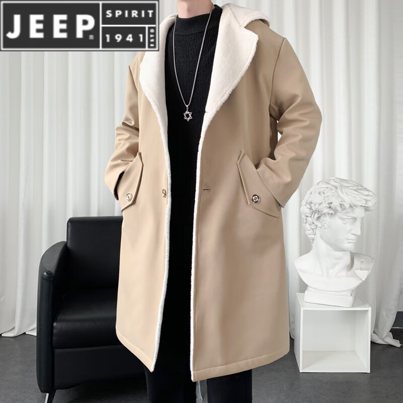 JEEP SPIRIT外套男士中长款秋冬季连帽工装上衣服男装加绒加厚帅气风衣男 F847卡其加 绒 2XL