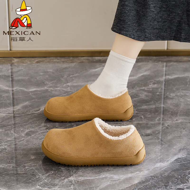 稻草人（MEXICAN）加绒保暖勃肯鞋女冬季2026年新款一脚蹬毛毛孕妇懒人鞋百搭休闲鞋 栗色 40