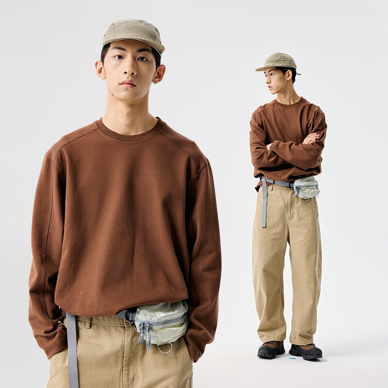 熊貓·本25AW純色結(jié)構(gòu)線圓領T恤男戶外休閑運動長袖百搭情侶套頭衫 栗色 XL