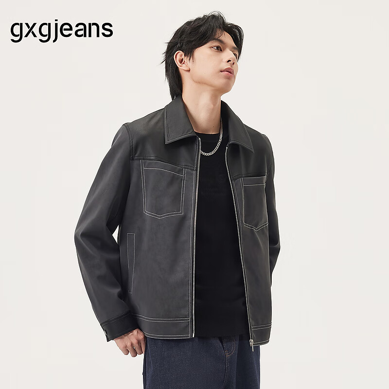 gxgjeans男装 pu皮拼接通勤休闲行政夹克翻领外套男 25秋新品 黑色 M (170)