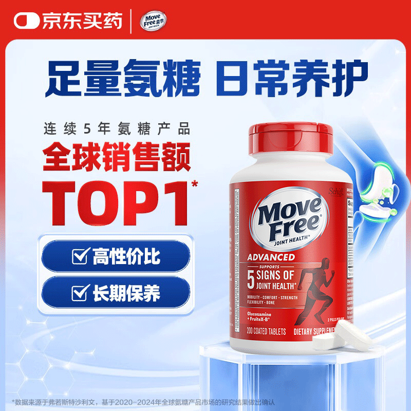 益节（Move Free）美国进口氨糖软骨素钙片 维骨力绿瓶成人中老年护关节氨基葡萄糖 【红瓶】200粒*1瓶