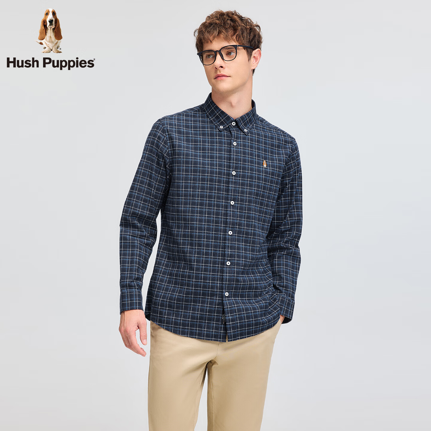 暇步士(Hush Puppies)【舒适磨毛】男装2025秋季经典格纹全棉磨毛长袖衬衫 墨蓝色 2XL