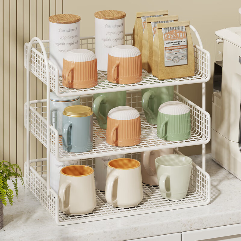 木格格杯架置物架水杯架杯子架桌面置物架多层收纳架厨房多功能调料架子 集美款-三层白色