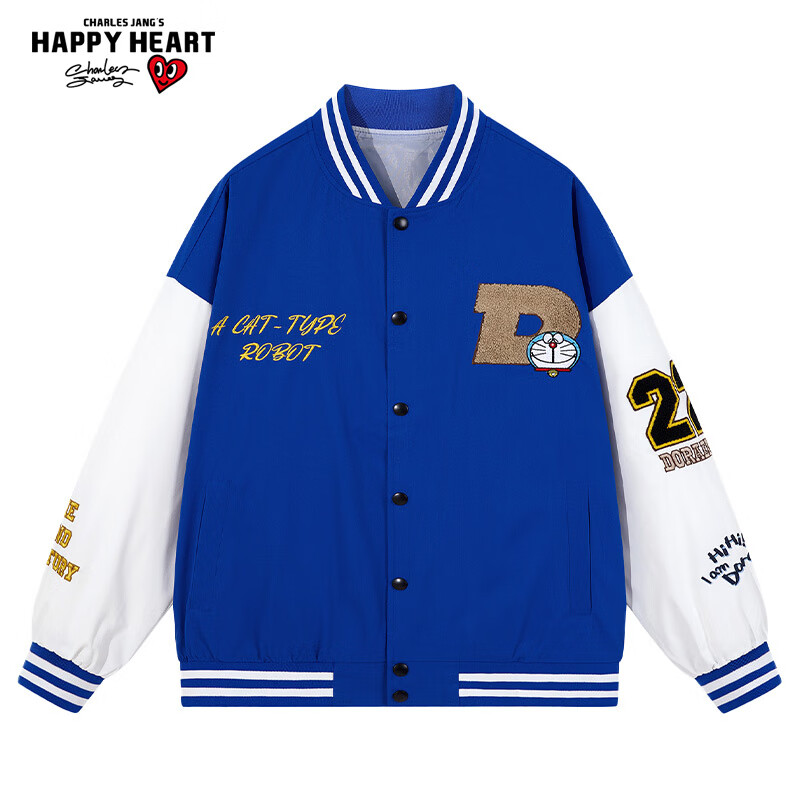 查爾斯桃心 x 哆啦A夢(mèng)聯(lián)名款 刺繡軟呢卡通字母拼接休閑夾克學(xué)院風(fēng)棒球服男 克萊因藍 M