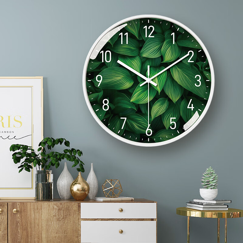 Tazxin植物清新荷花挂钟免打孔静音扫秒客厅卧室大尺寸挂墙石英钟表 桃花 12英寸 30厘米