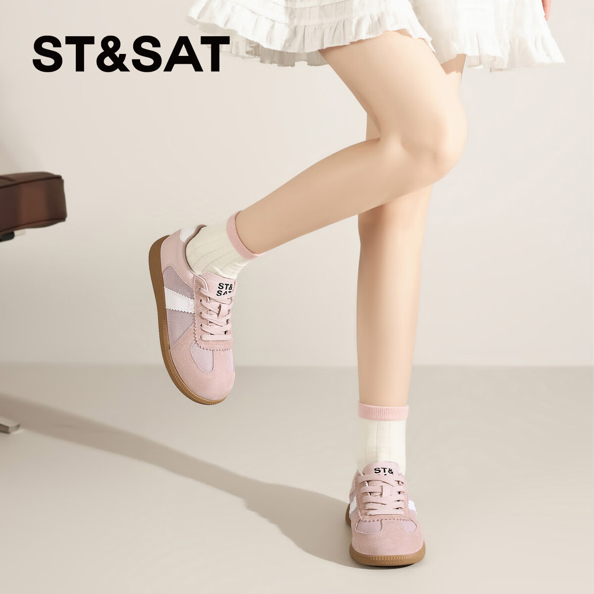 星期六(St&Sat)复古百搭时尚厚底德训鞋2025秋季新款运动跑步鞋休闲女鞋轻奢鞋子 粉红色 35