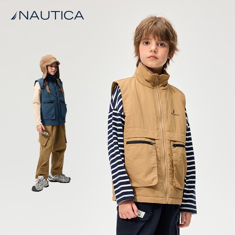 NAUTICA诺帝卡童装 男童女童工装马甲秋冬季儿童户外大童棉服耐磨防泼水 卡其 120
