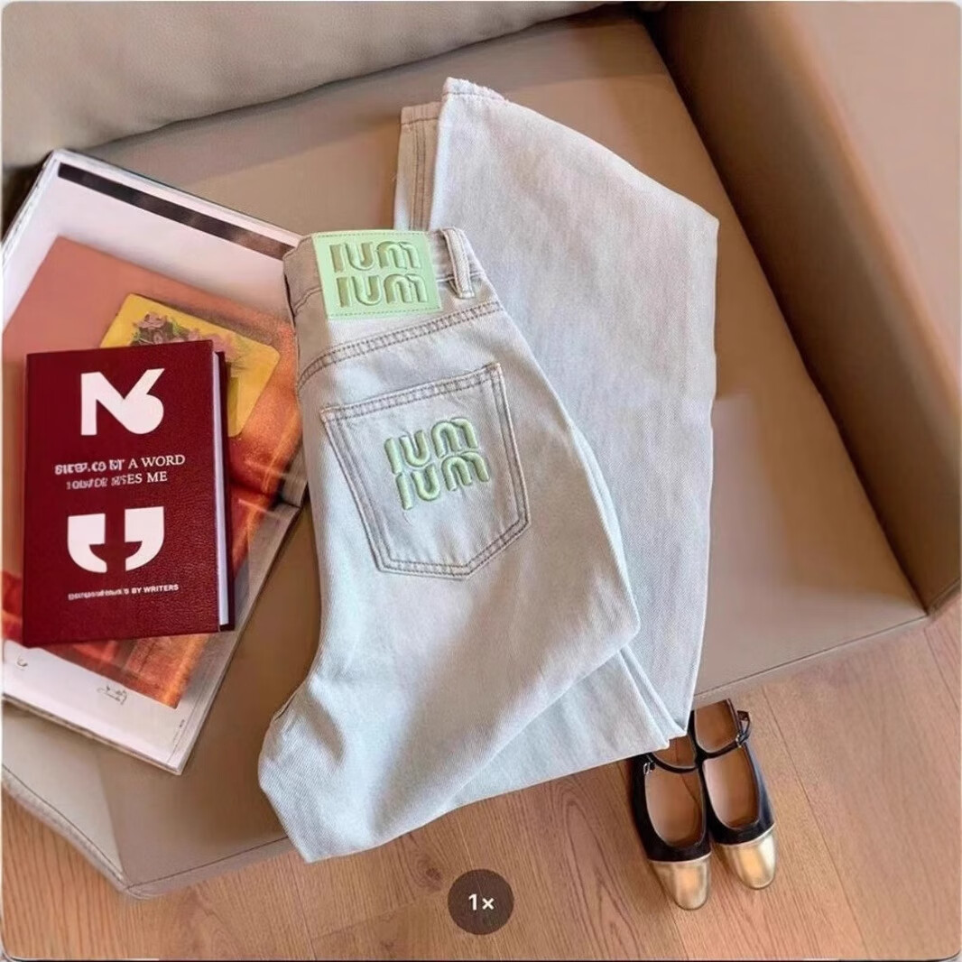 燠阳韩版字母刺绣直筒牛仔裤女2025年新款夏季薄款高腰宽松阔腿裤DM 2060浅蓝色 XL 【118-128斤】