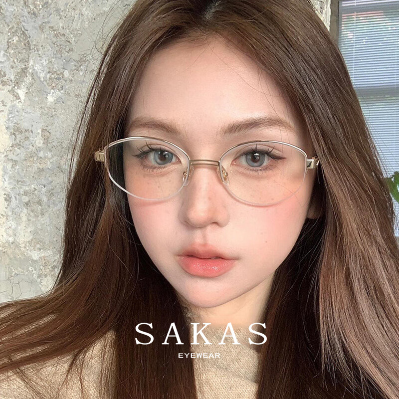 圣卡西老钱风半框眼镜近视女度数可配椭圆格雷系金丝素颜纯欲风平光镜 鎏金框 无度数【防蓝光镜片】