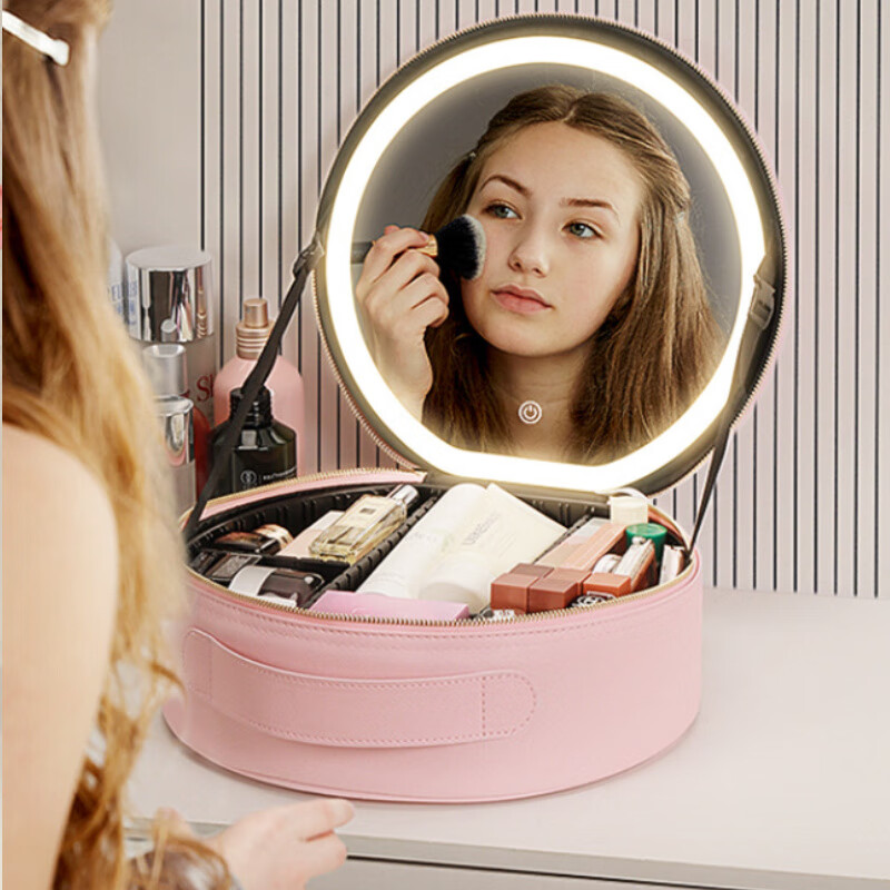 沃有家手提化妆包化妆品分区男士旅行洗潄收纳包女带镜子高级皮革化妆箱 圆形大号灯镜皮革手提化妆包优雅黑