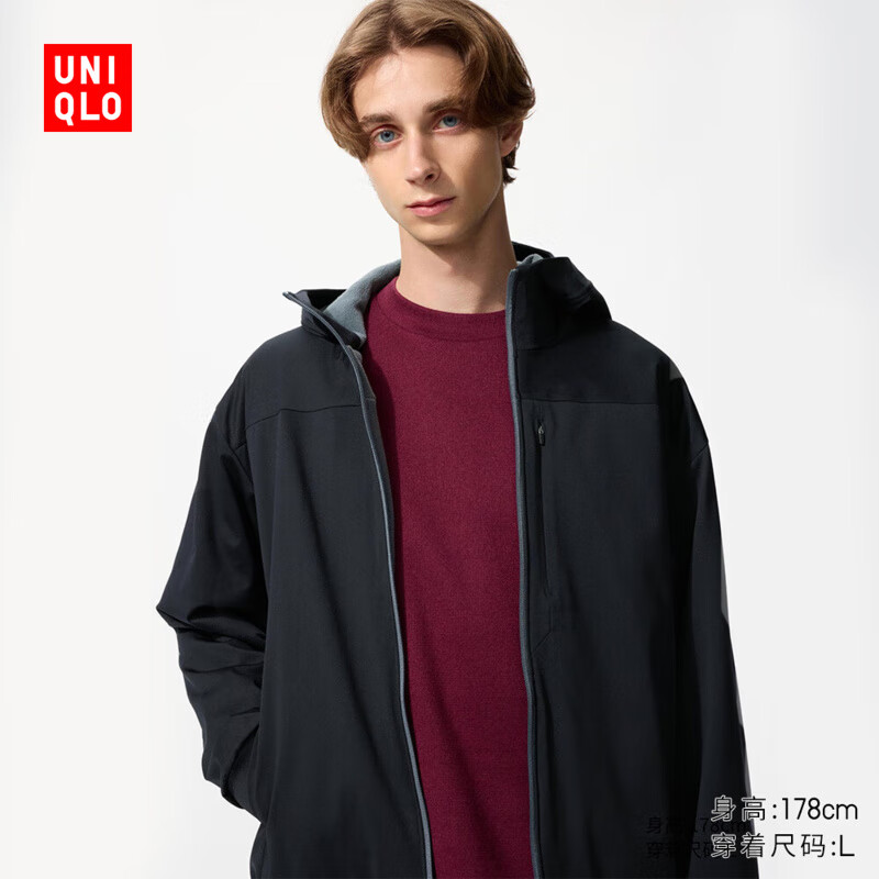 优衣库男装防风摇粒绒拉链连帽开衫/长袖外套25秋冬新款481182 09 黑色 L /175/100A