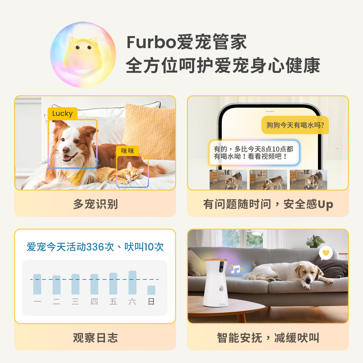 FURBO宠物摄像头Mini版 猫狗通用AI摄像机 360度旋转通用AI宠物监控 宠物陪伴语音互动 手机远程监控 Mini宠物摄像机 360度版-赠3个月付费会员