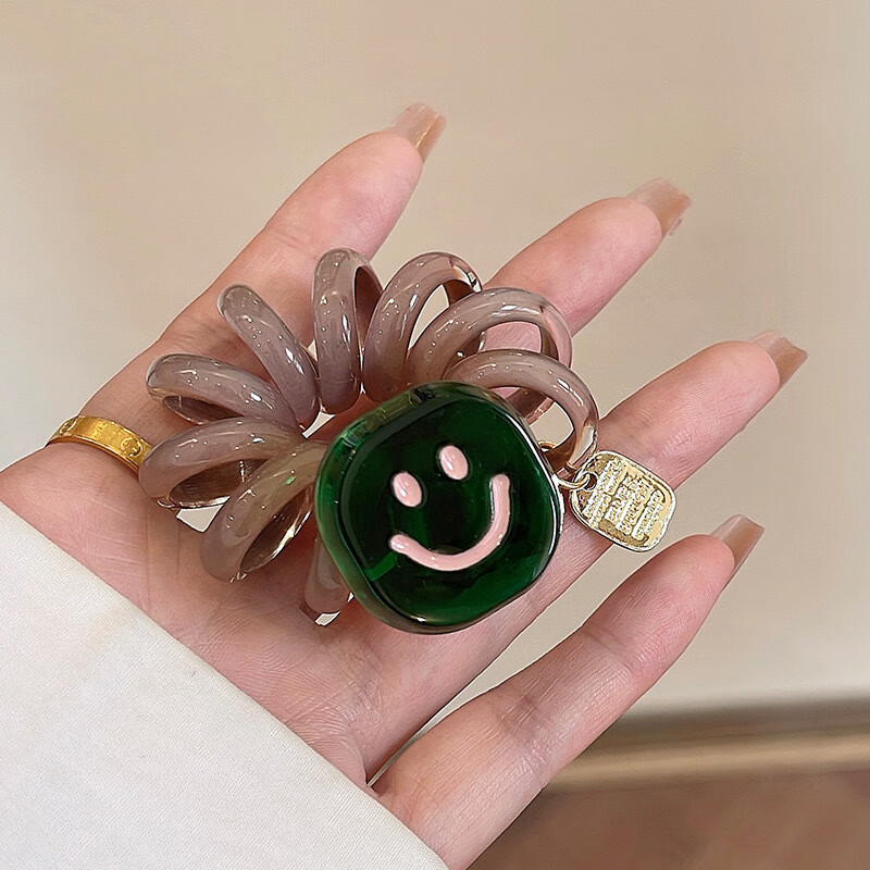 可爱笑脸ins韩系夏季电话绳发圈不伤发橡皮筋女扎头发绳高弹耐用 微笑果冻电话线发圈【绿色】