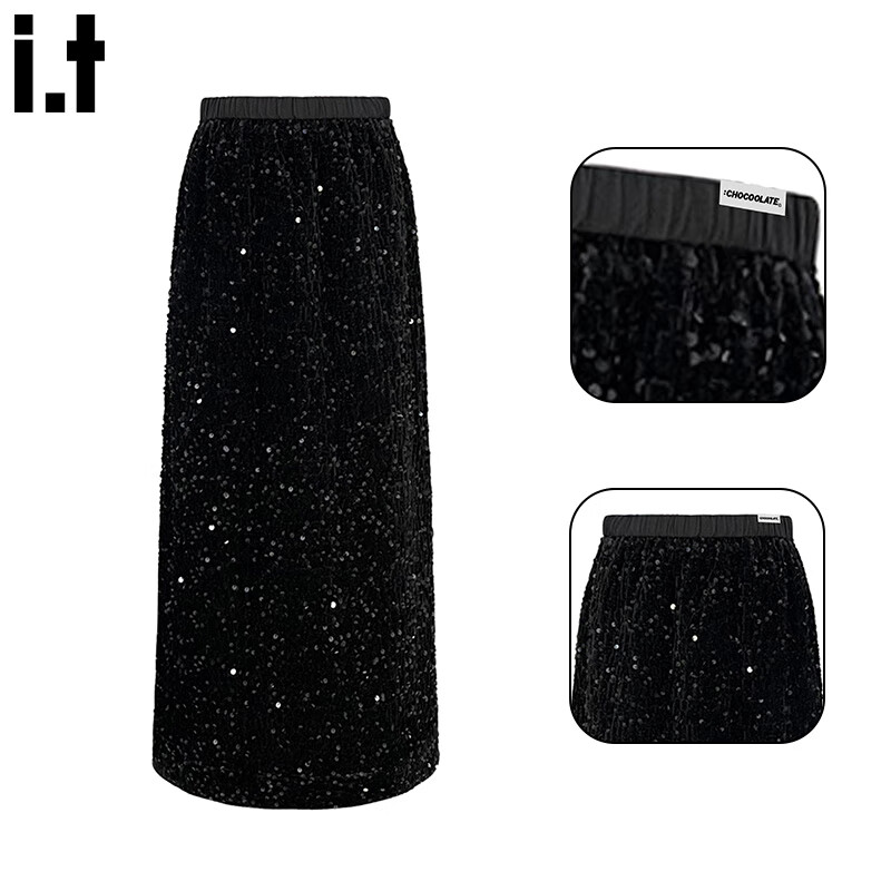 :CHOCOOLATE  it女装裙子加绒加厚亮片半身长裙女秋冬直筒闪闪金丝绒半身裙女 黑色常规 S
