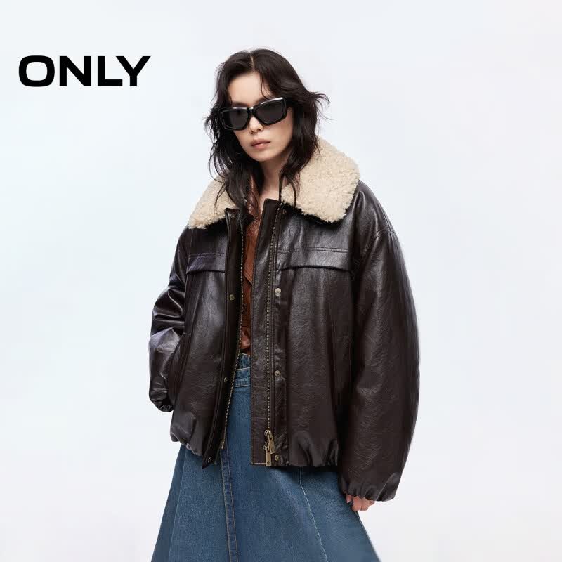 ONLY2025冬季新款90白鸭绒可拆卸翻领宽松皮面羽绒服女|125423052 E09雨鼓棕色 S
