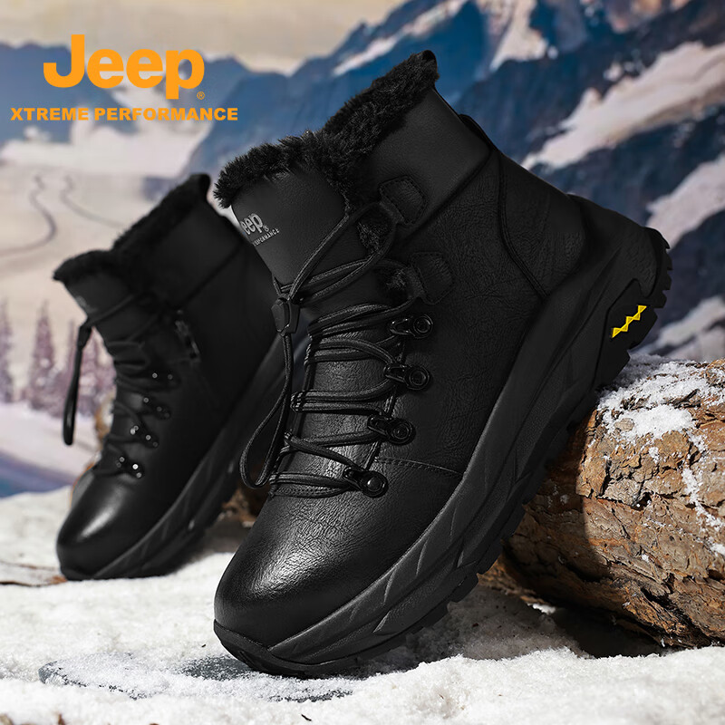 JEEP吉普雪地靴男款冬季加绒保暖棉鞋男士加厚防滑防水户外徒步登山鞋 黑色 39 (245mm) 标准运动尺码