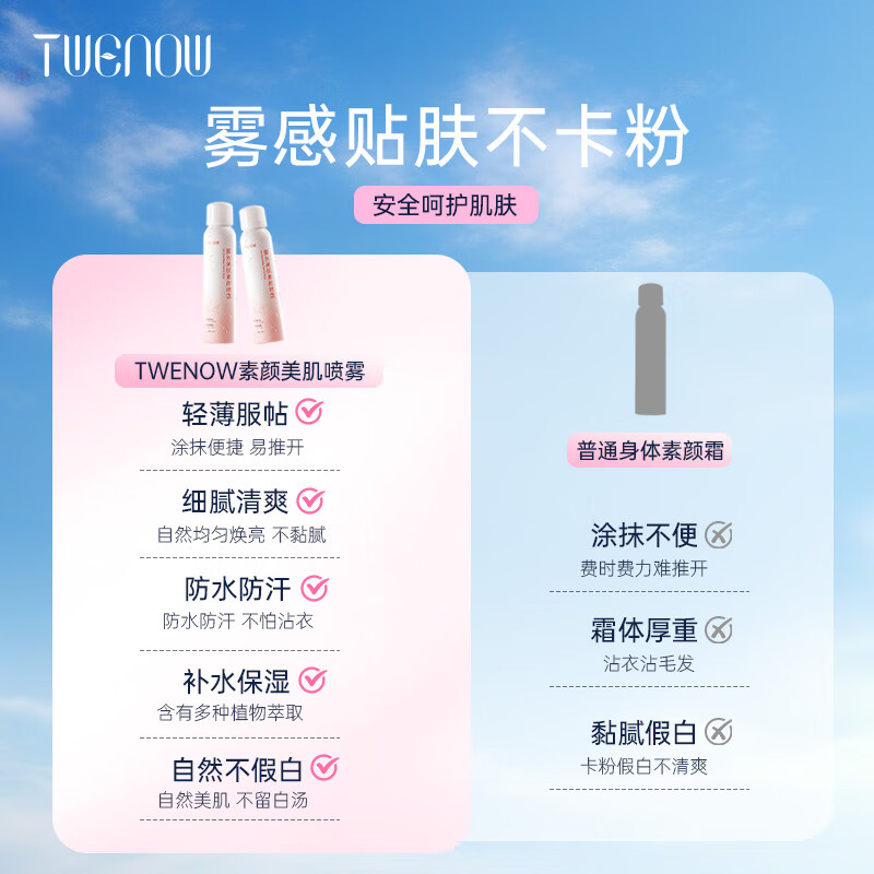 蒂雯娜（TWENOW）身体素颜霜喷雾男女脖子手臂遮瑕焕亮三合一防水防汗全身适用 200ml*2瓶【送1瓶60ml+3片补水面膜】