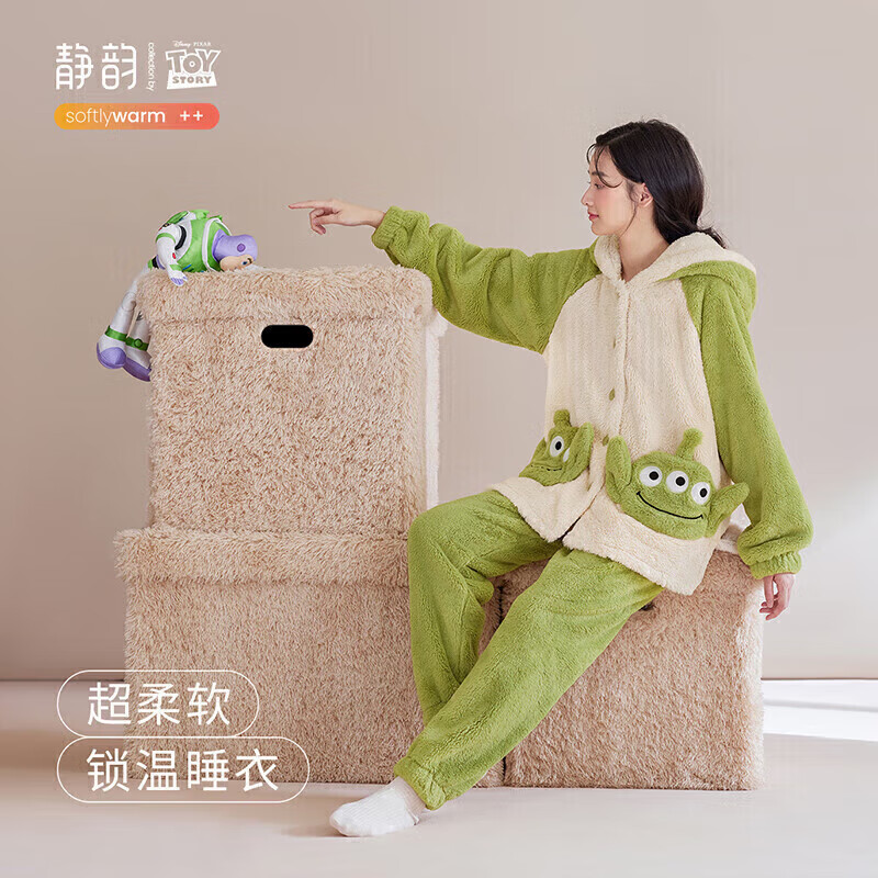 静韵【超柔软】三眼仔睡衣女秋冬珊瑚绒加厚保暖软棉棉家居服套装男