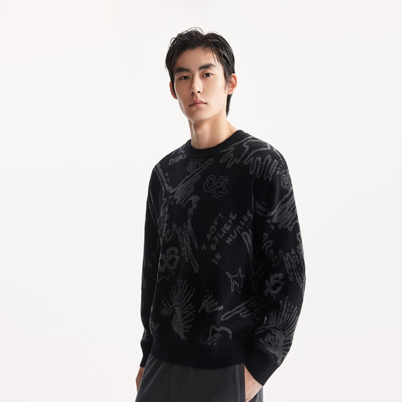 杰克·琼斯(JACK&JONES)男装25年秋冬季毛衣男士雪尼尔亲肤宽松休闲满印针织提花打底衫 E43纯黑色 M (175)