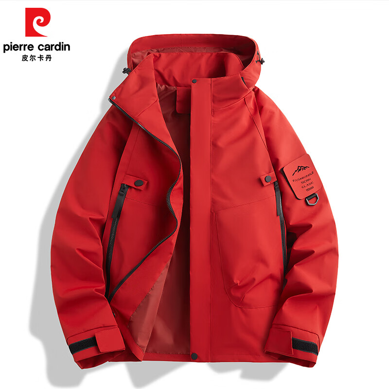 皮尔卡丹春秋单冲山系户外冲锋衣男女同款连帽运动外套情侣款防风防山服装 朱雀红 S