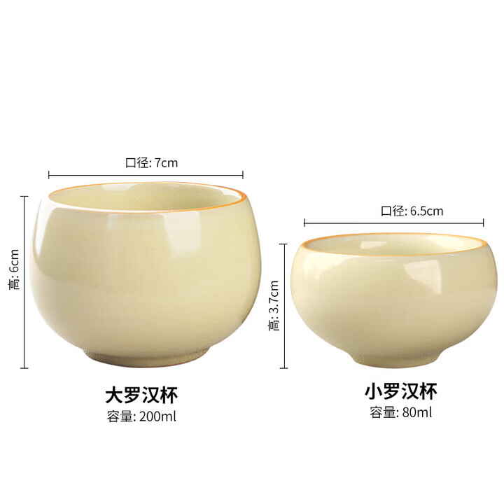 陶立方米黄汝窑茶杯套装陶瓷开片主人杯品茗杯礼盒功夫茶具茶杯八件套 2大罗汉杯+6小罗汉杯(月白色)